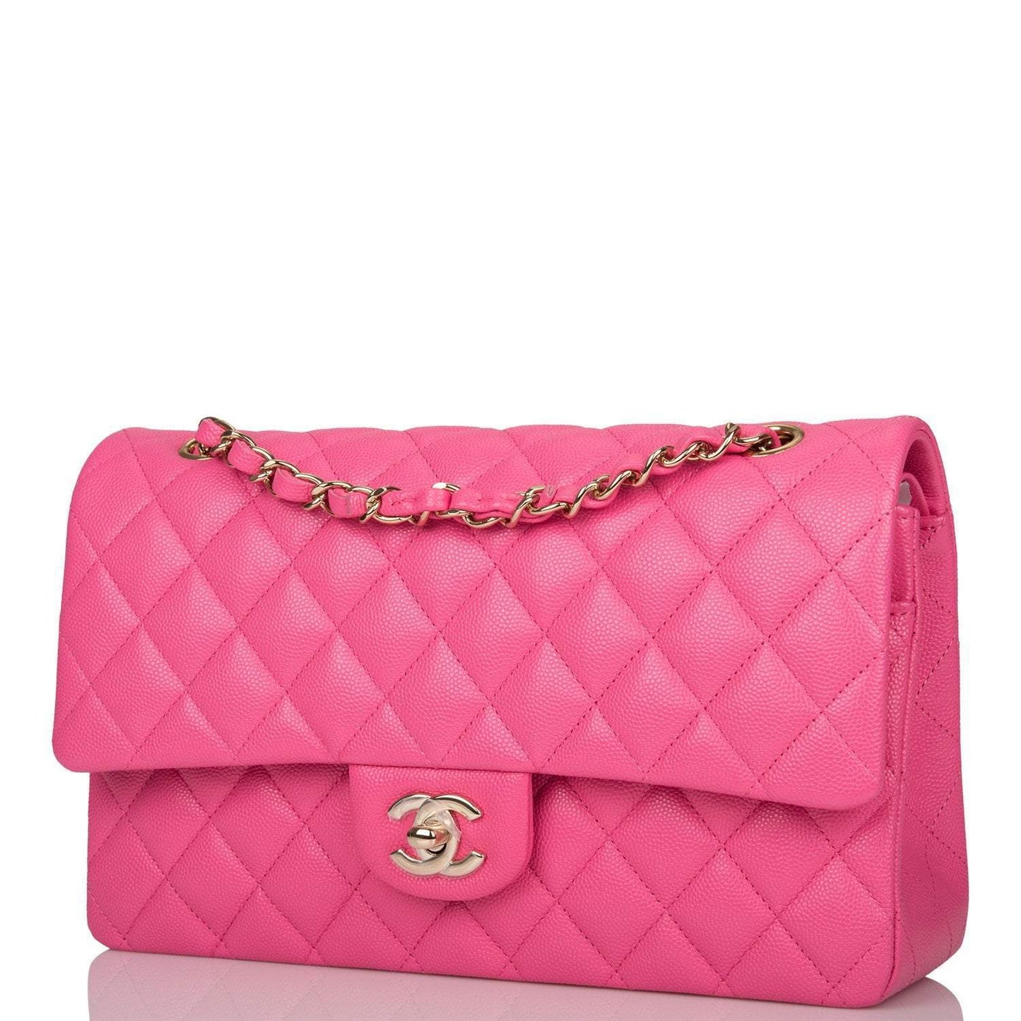 Chanel Pink Quilted Caviar Medium Classic Double Flap Bag Light Gold Hardware