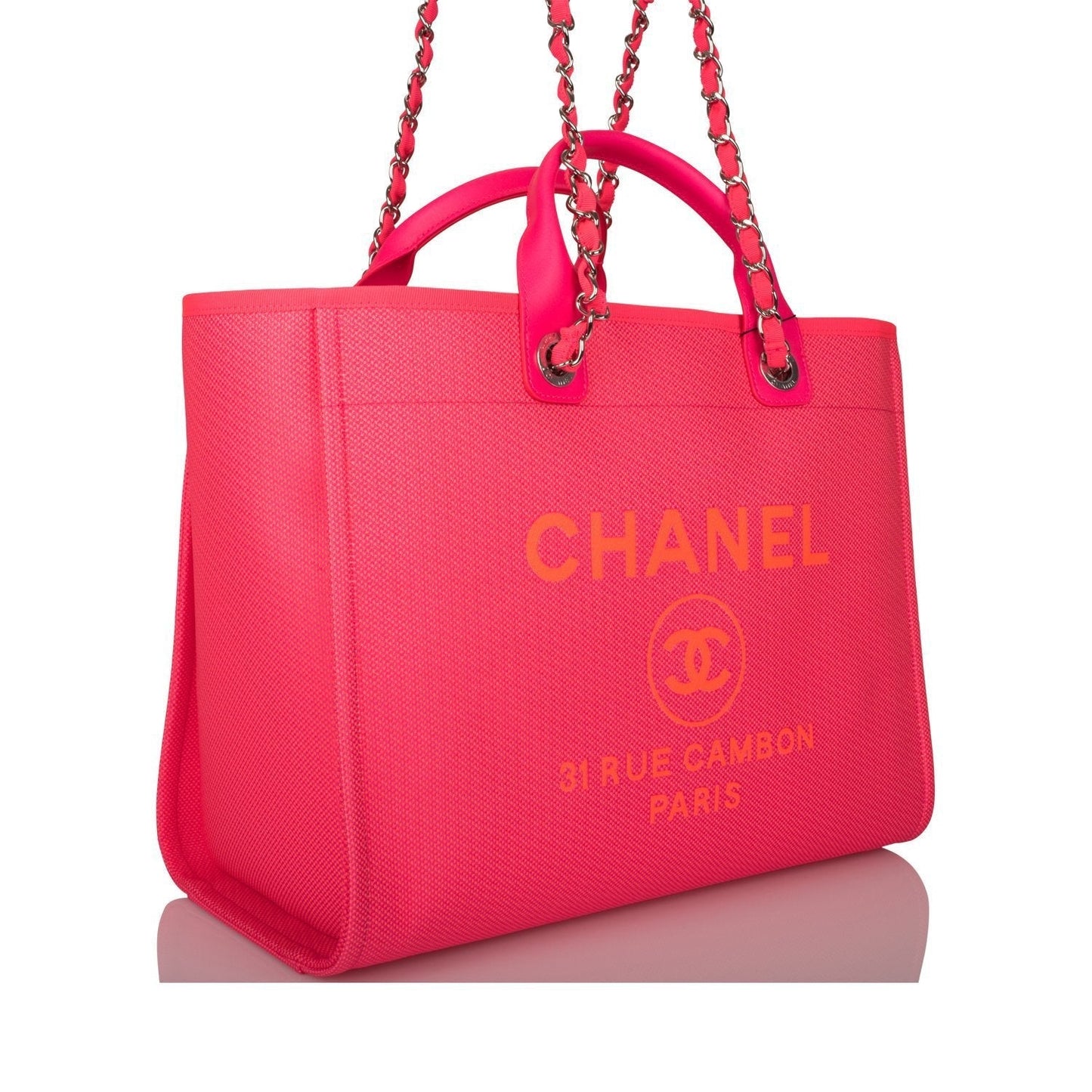 Chanel Neon Pink and Orange Mixed Fibers Large Deauville Shopping Bag Silver Hardware